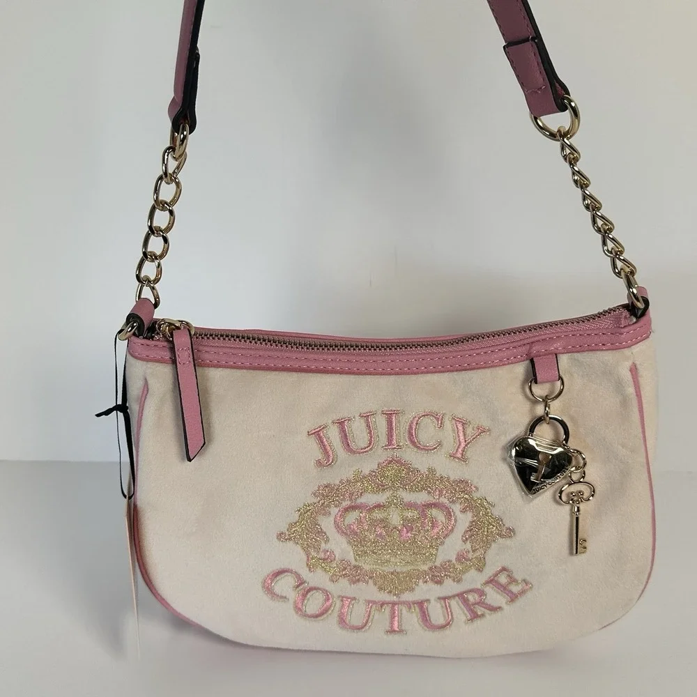 Juicy Couture Velour Shoulder Bag Pink Cream Crown Embroidered Charm NWT Y2K